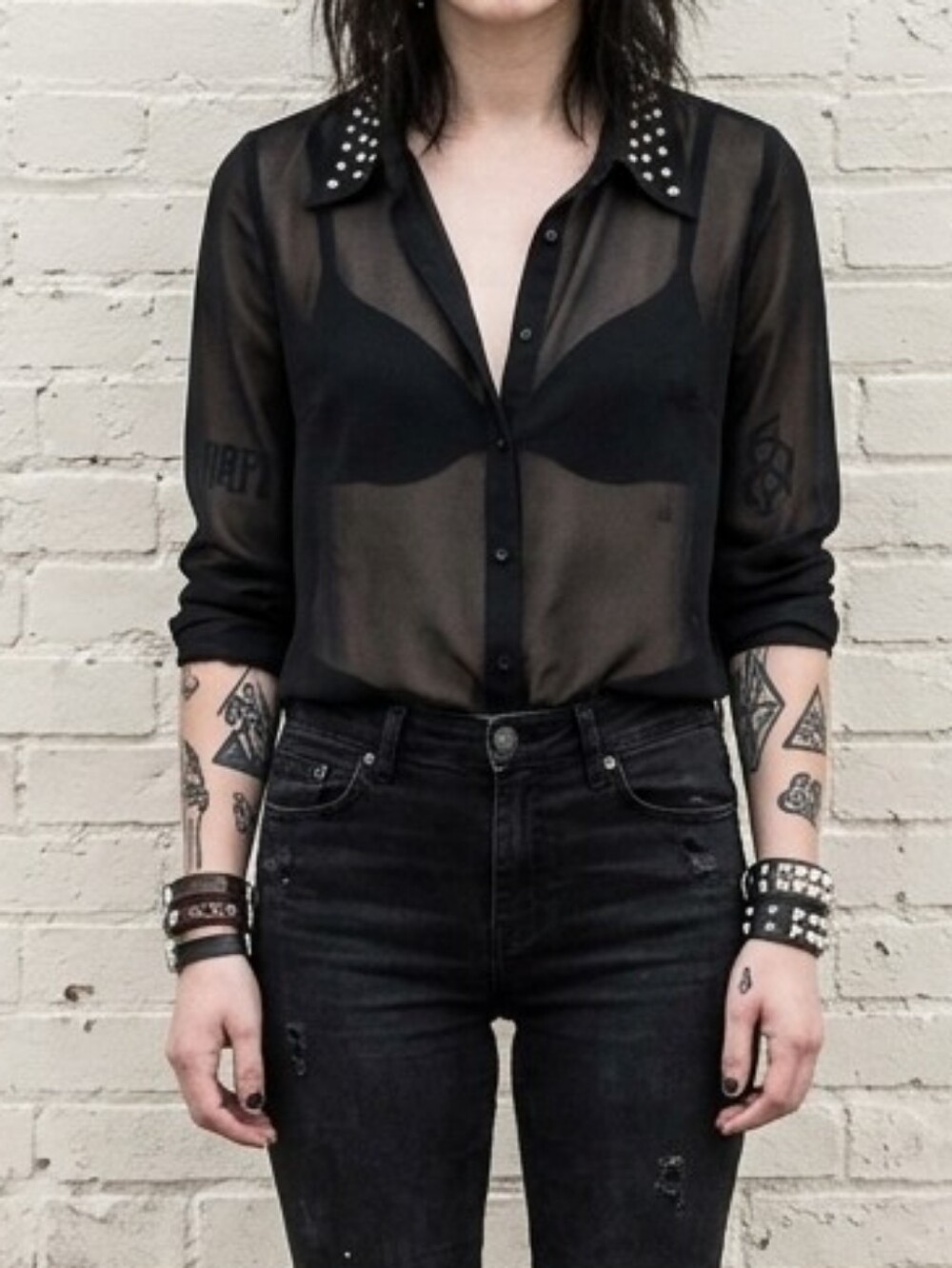 Vintage y2k Mossimo black semi sheer button front studded collar goth grunge M